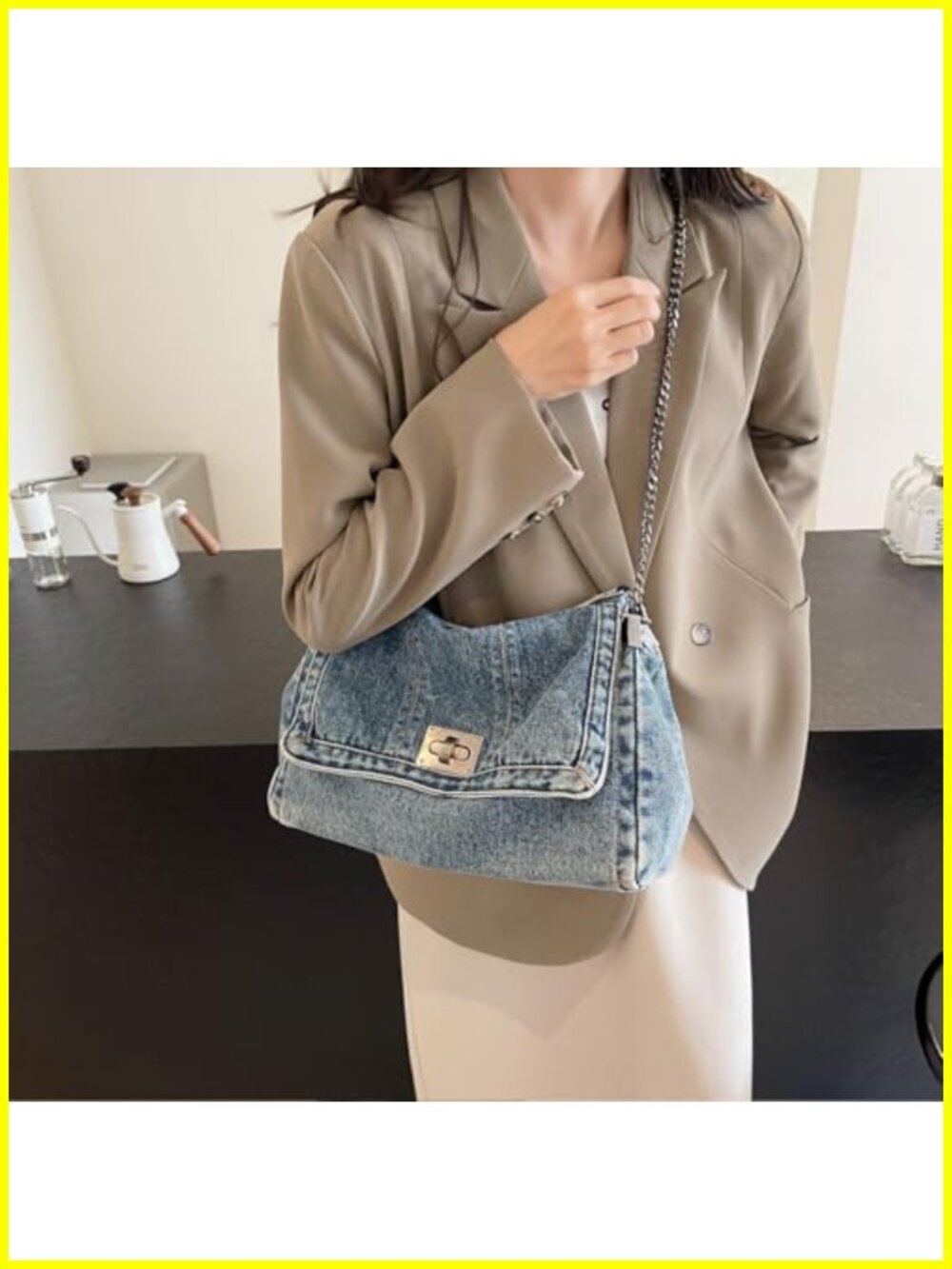 Large Denim Tote Bag for Women Crossbody Shoulder Turn-Lock Closure - Picture 4 of 6